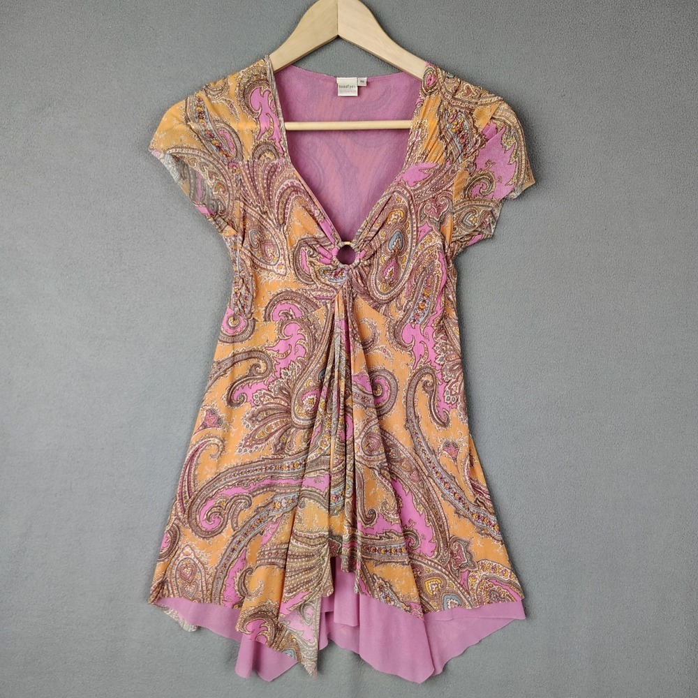 VINTAGE 90s Sweet Pea Paisley Top *Small Pink Orange Fairy Boho Hippie Y2K Girl